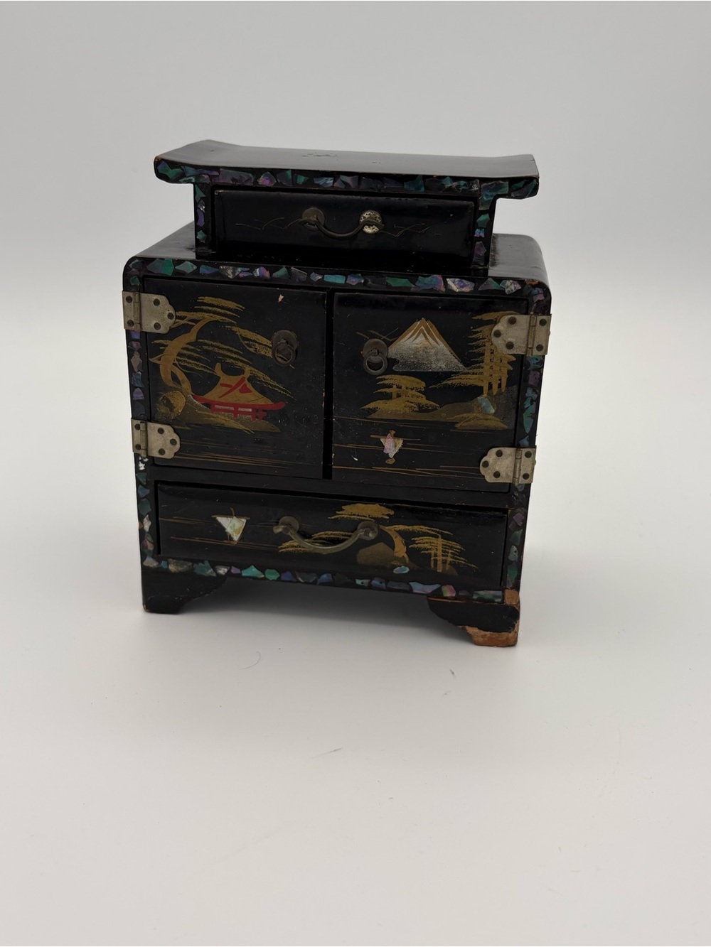 Vtg Tansu Japan Black Handpainted Jewelry Box Dresser 6" Tall MOP Inlay Black
